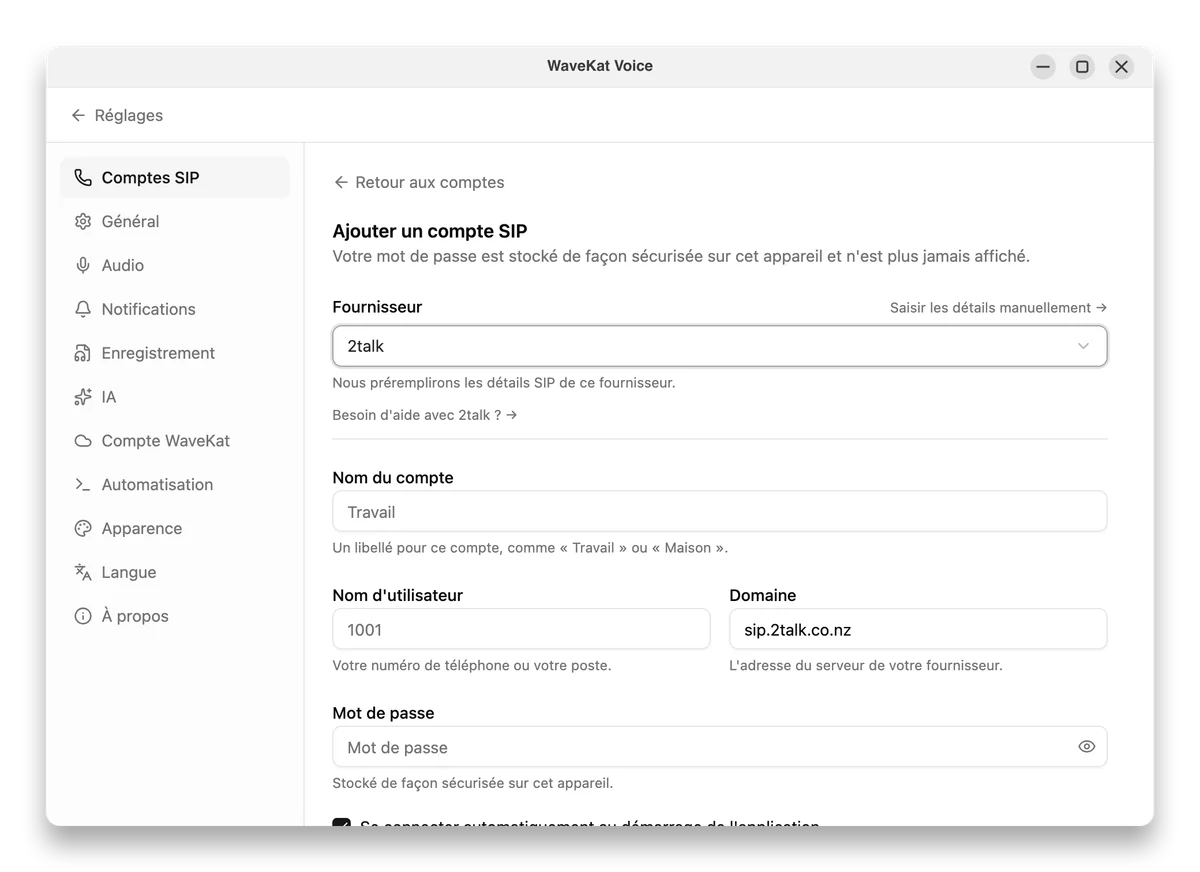 Saisissez votre numéro de téléphone 2talk et son mot de passe SIP.