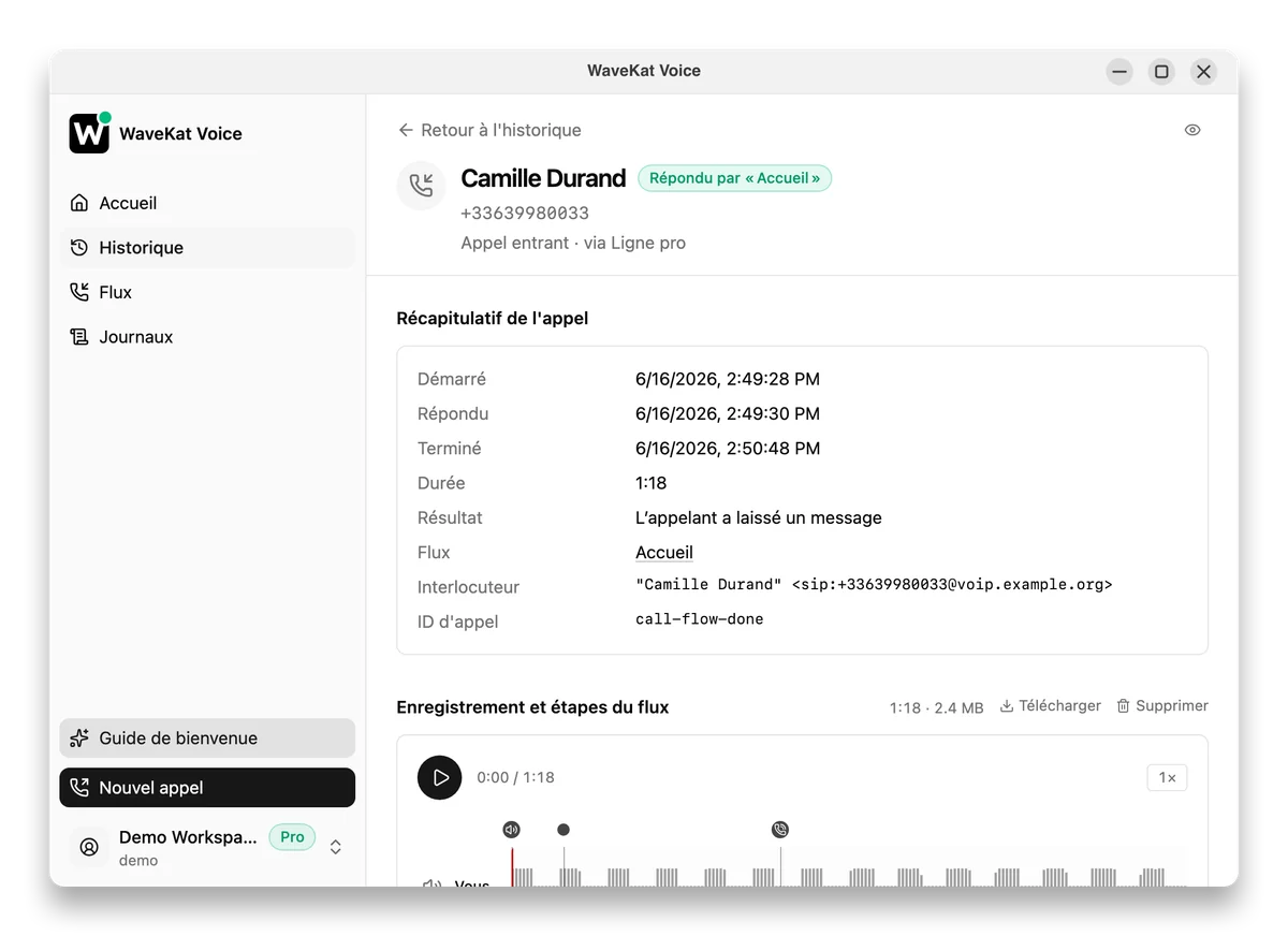 WaveKat Voice sous Ubuntu — un appel terminé pris par un flux : la mention « Répondu par Accueil », le résultat « L'appelant a laissé un message », et l'enregistrement en dessous.