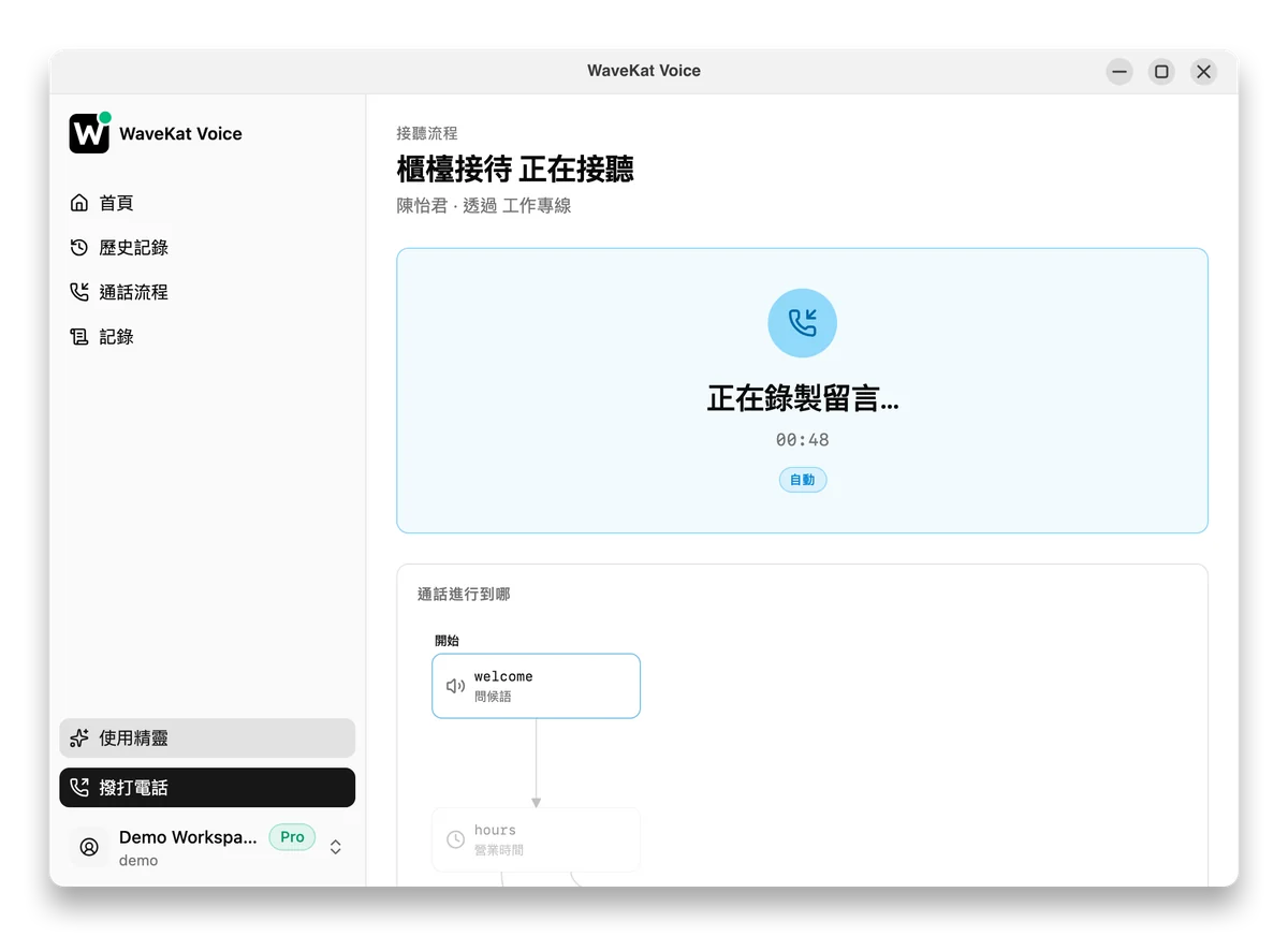 Ubuntu 上的 WaveKat Voice —— 一通由流程接聽的電話:「櫃檯接待 正在接聽」,下方顯示「正在錄製留言…」和來電者的名字。