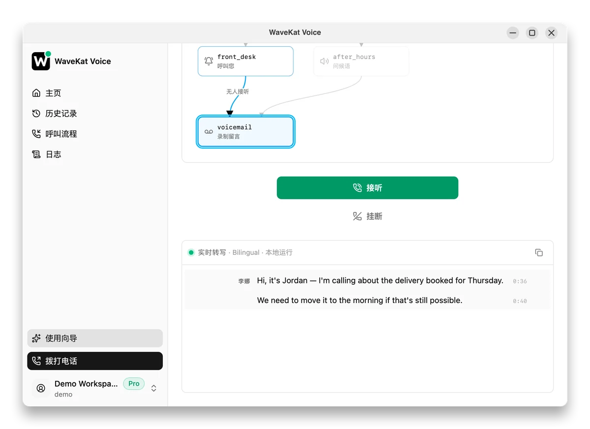WaveKat Voice 的来电流程正在录留言，旁边是实时文字稿和一个接听按钮