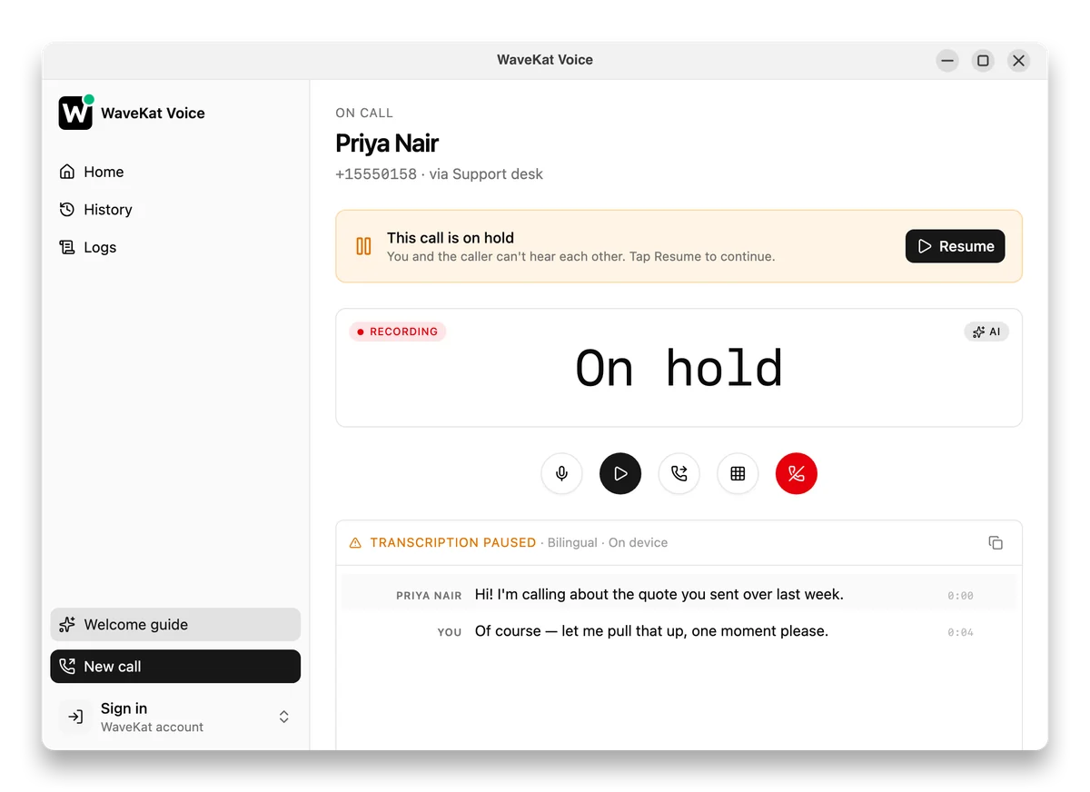WaveKat Voice on Ubuntu — a call on hold: the on-hold banner with Resume, and transcription paused.