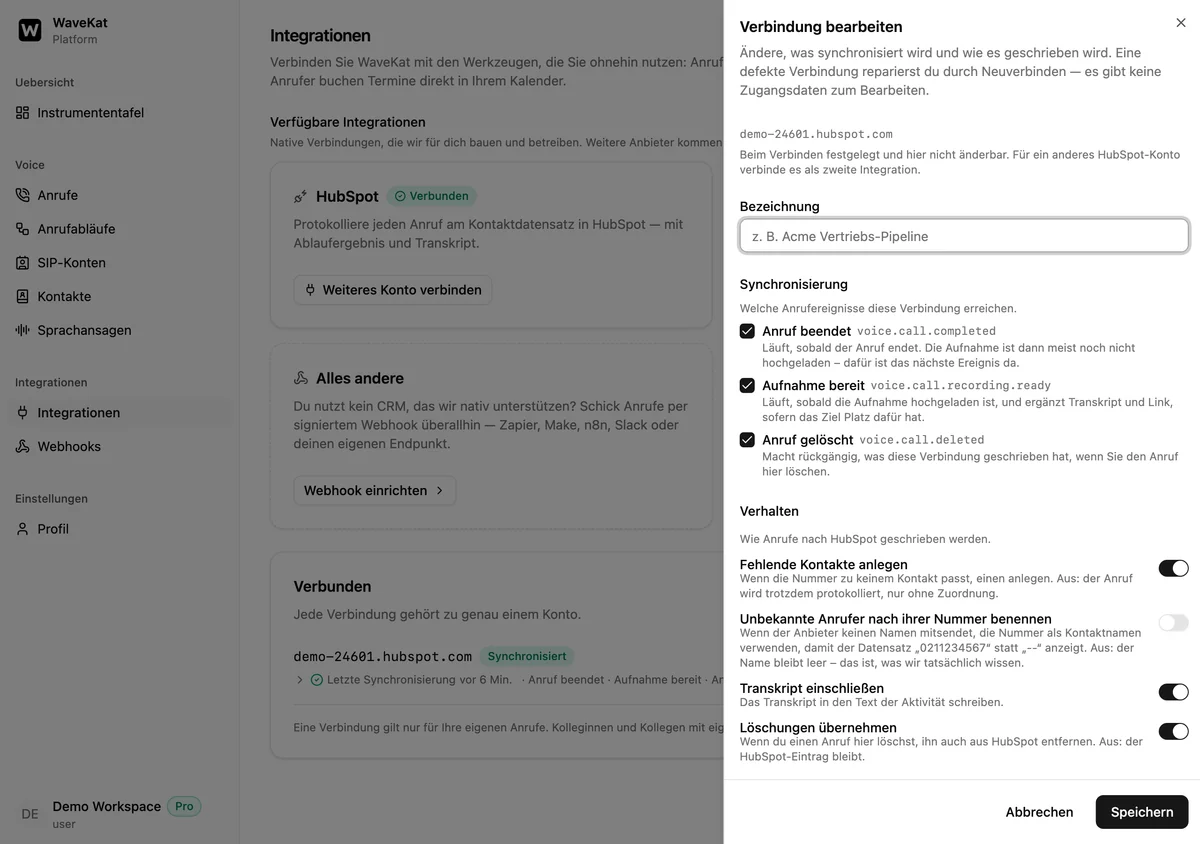 Das Einstellungsfeld der Verbindung im Web — welche Anrufereignisse HubSpot erreichen, dazu Schalter für „Fehlende Kontakte anlegen“, „Unbekannte Anrufer nach ihrer Nummer benennen“, „Transkript einschließen“ und „Löschungen übernehmen“.