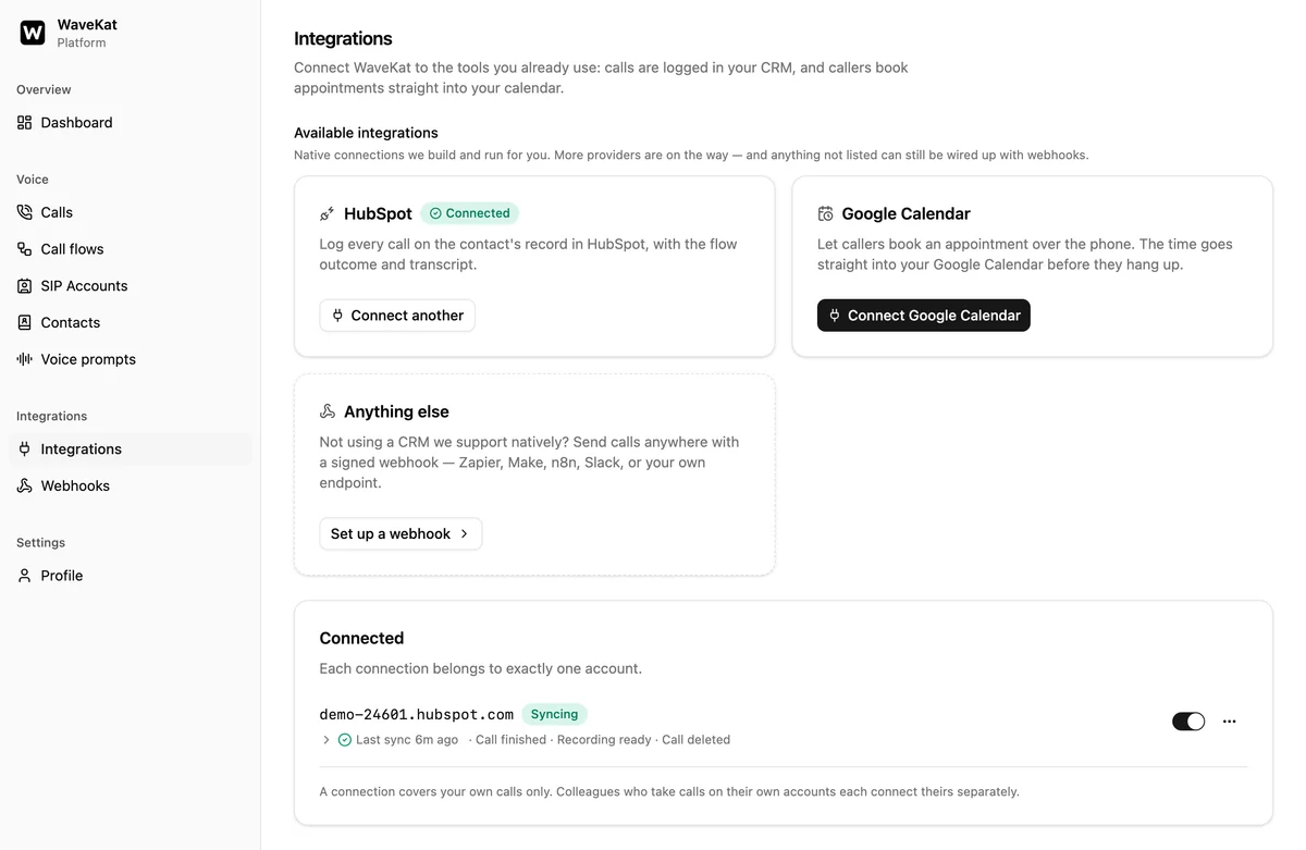 The WaveKat Integrations page on the web — HubSpot marked Connected in the catalogue, and the connected portal below it showing "Syncing" and its last sync a few minutes ago.