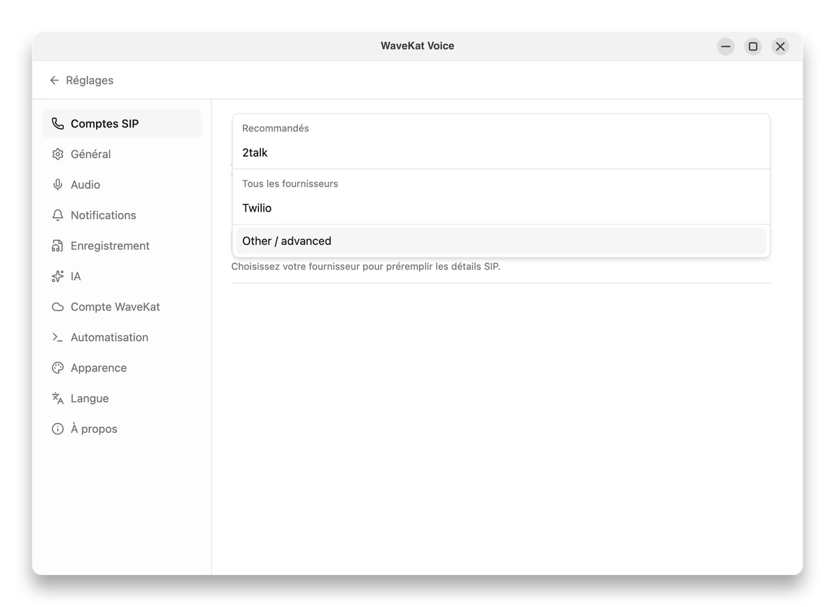 Ajoutez un compte et choisissez 2talk dans la liste des opérateurs.