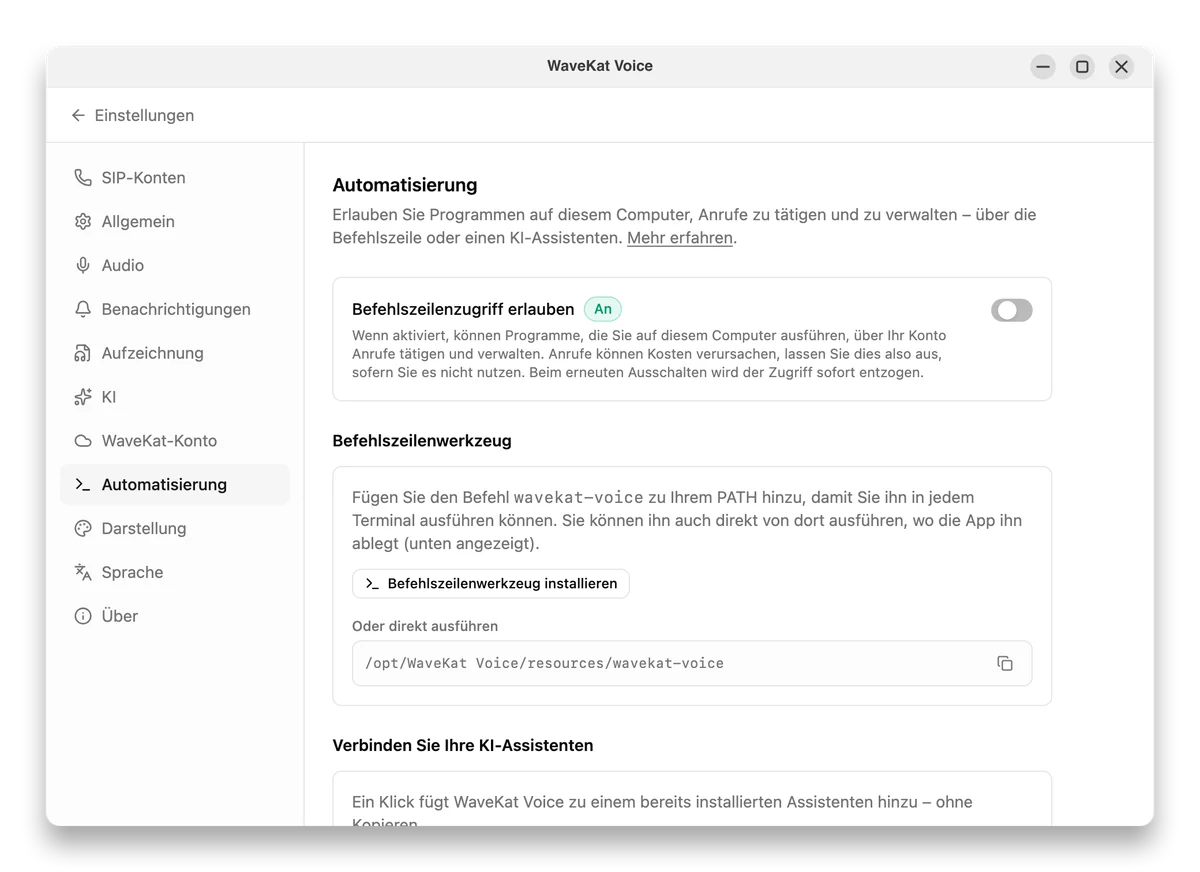 WaveKat Voice unter Ubuntu — die Automatisierungseinstellungen mit aktiviertem Befehlszeilenzugriff und der Schaltfläche zum Installieren des Kommandozeilen-Tools.