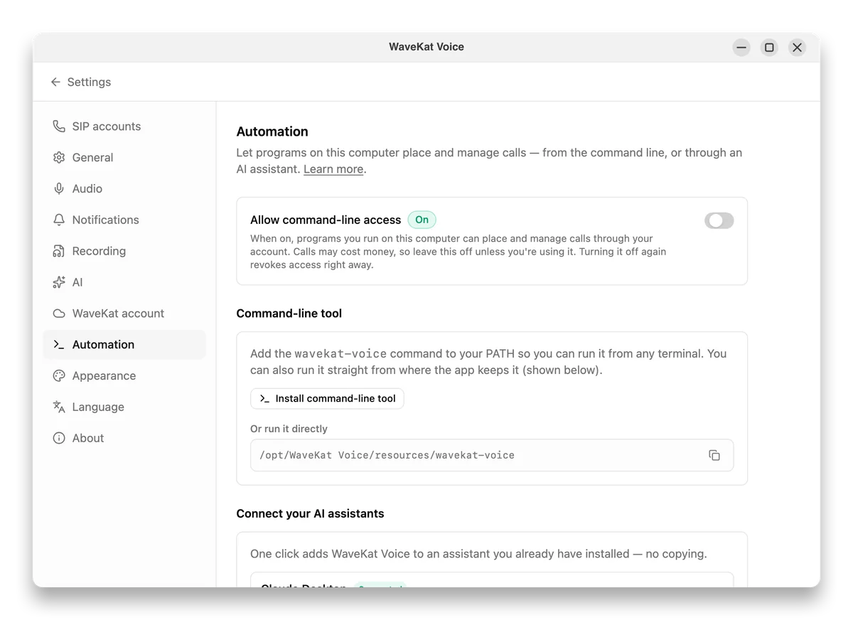 WaveKat Voice on Ubuntu — Settings → Automation, with command-line access turned on and the Install command-line tool button.