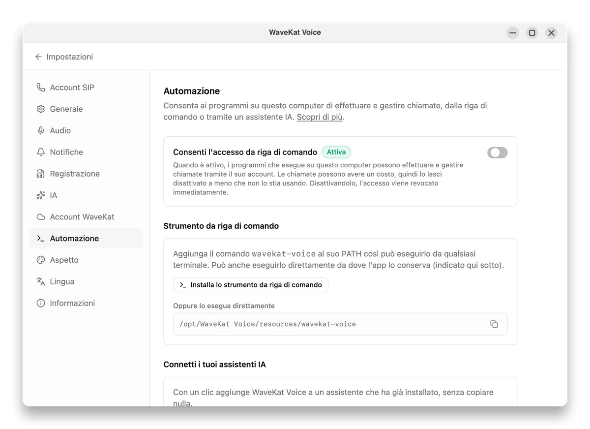 WaveKat Voice su Ubuntu — le impostazioni di Automazione con l'accesso da riga di comando attivato e il pulsante per installare lo strumento da riga di comando.