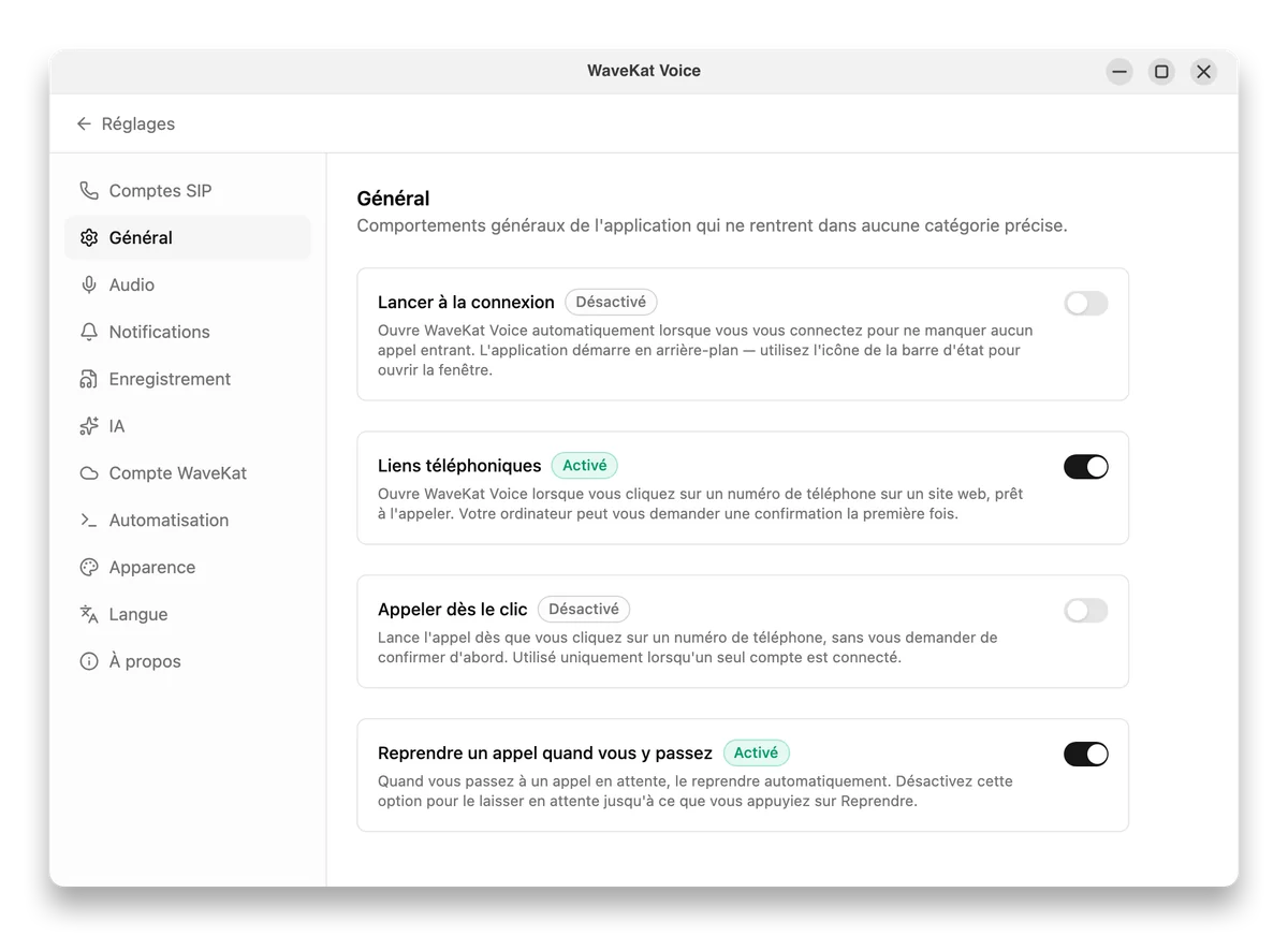 WaveKat Voice sur Ubuntu — Réglages → Général avec le réglage Liens téléphoniques activé.