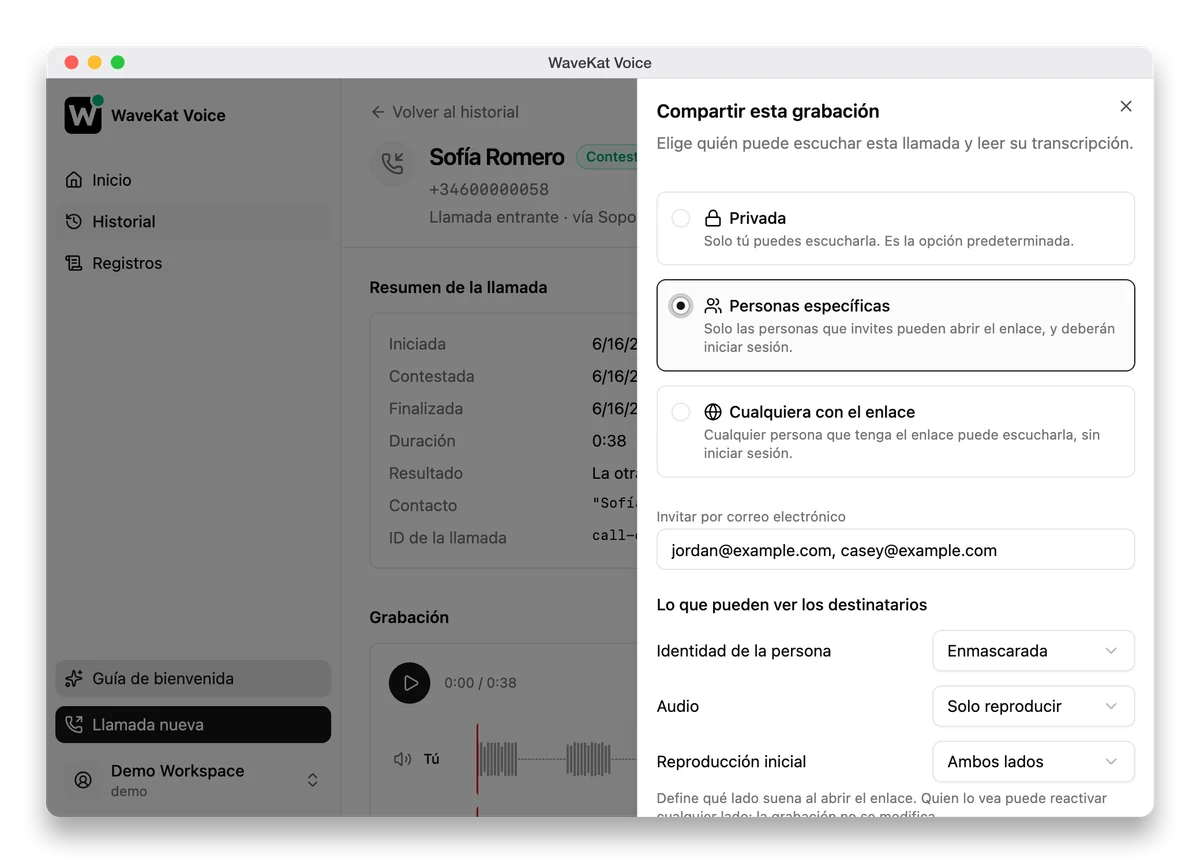 WaveKat Voice compartiendo la grabación de una llamada: privado, por invitación o cualquiera con el enlace, con la identidad enmascarada