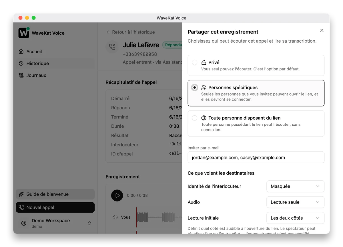 WaveKat Voice partage un enregistrement d’appel : privé, sur invitation ou toute personne ayant le lien, avec l’identité de l’appelant masquée