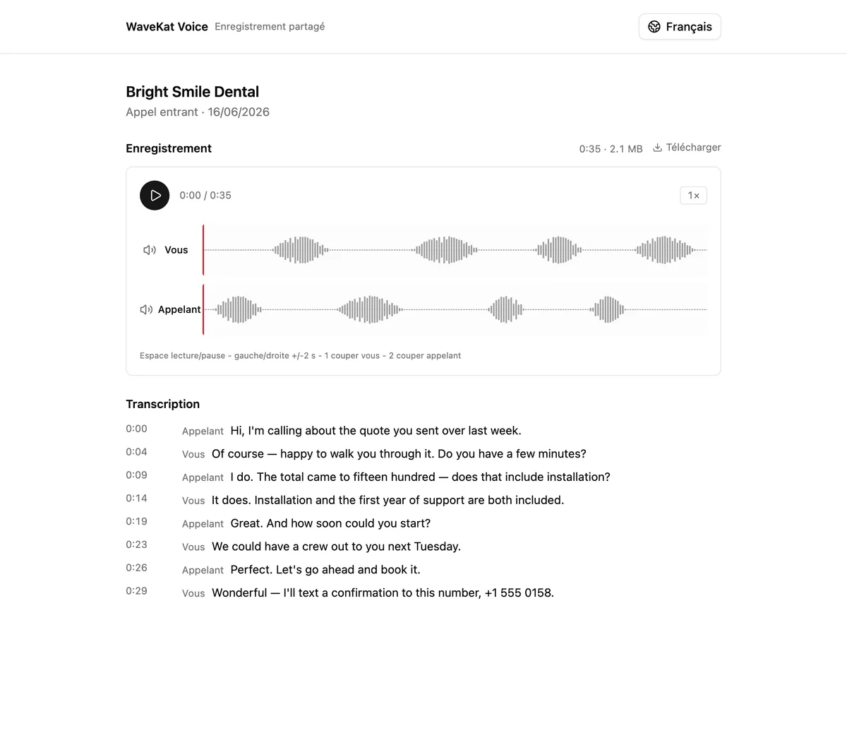 Un enregistrement WaveKat Voice partagé ouvert dans le navigateur — le lecteur audio et la transcription étiquetée par interlocuteur que voit un destinataire.