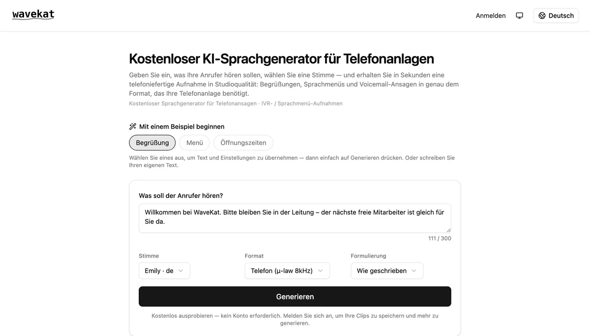 Der WaveKat Voice Prompt Generator — tippen Sie, was Ihre Anrufer hören sollen, wählen Sie eine Stimme und ein Telefonformat, und klicken Sie auf „Generieren“.